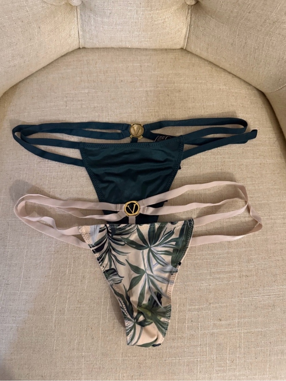 Victoria's Secret Teal & Blush Strappy Bikini Bottoms with Gold V Logo